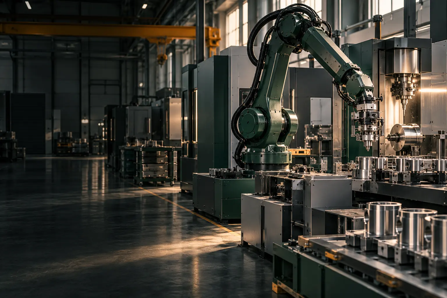 Illustration einer modernen Produktionshalle mit industrieller Fertigungstechnik